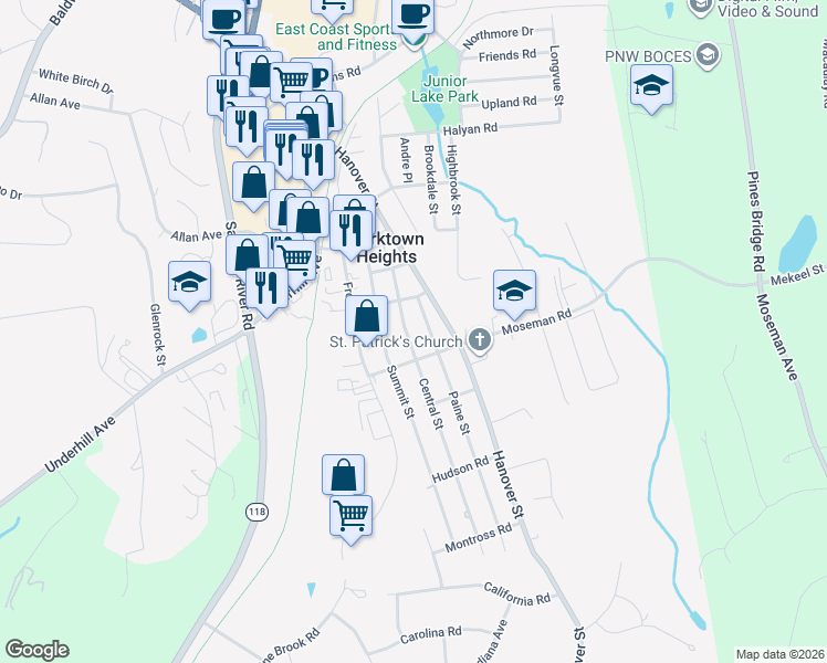 map of restaurants, bars, coffee shops, grocery stores, and more near 182 Moseman Road in Yorktown Heights