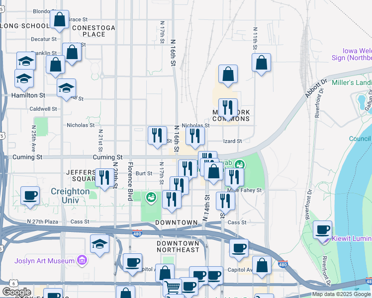map of restaurants, bars, coffee shops, grocery stores, and more near in Omaha