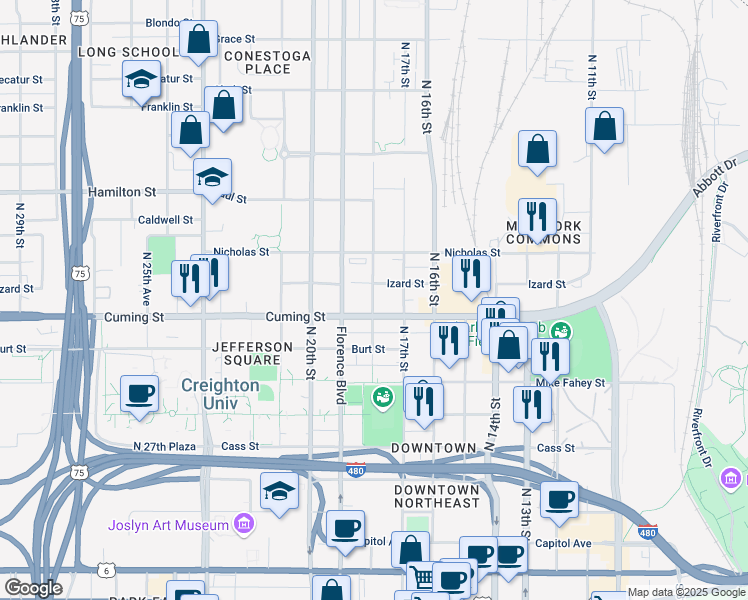 map of restaurants, bars, coffee shops, grocery stores, and more near 1801 Cuming Street in Omaha