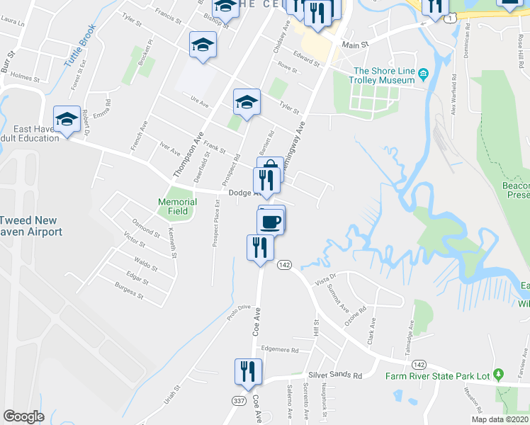 map of restaurants, bars, coffee shops, grocery stores, and more near 58 Hemingway Avenue in East Haven