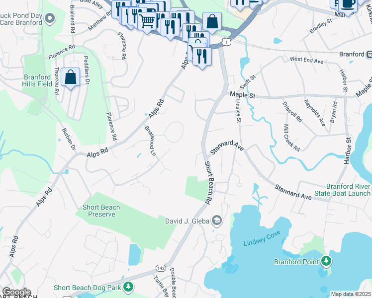 map of restaurants, bars, coffee shops, grocery stores, and more near 101 Briarwood Lane in Branford