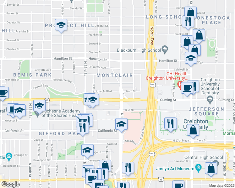 map of restaurants, bars, coffee shops, grocery stores, and more near in Omaha