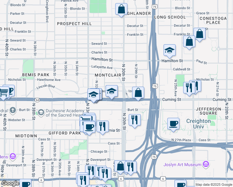 map of restaurants, bars, coffee shops, grocery stores, and more near 3040 Cuming Street in Omaha