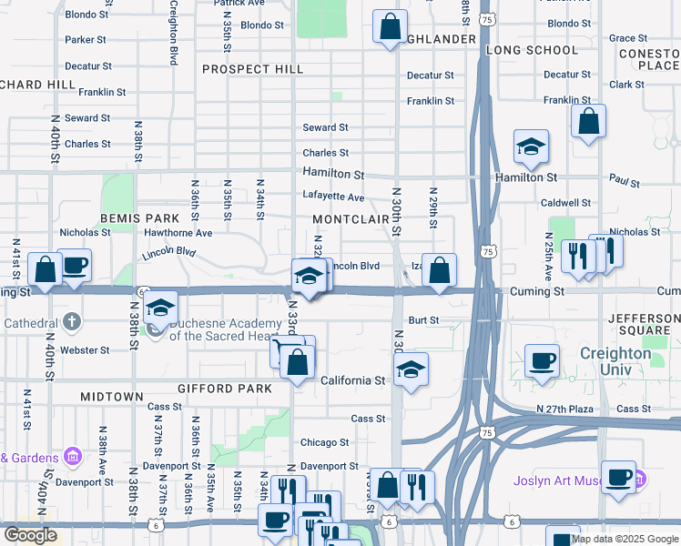 map of restaurants, bars, coffee shops, grocery stores, and more near 3128 Cuming Street in Omaha