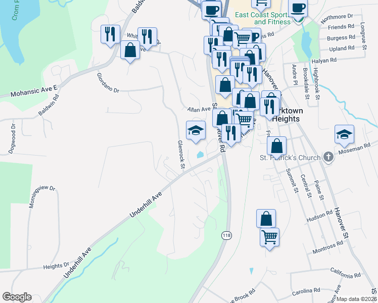 map of restaurants, bars, coffee shops, grocery stores, and more near 1812 Soundview Court in Yorktown Heights