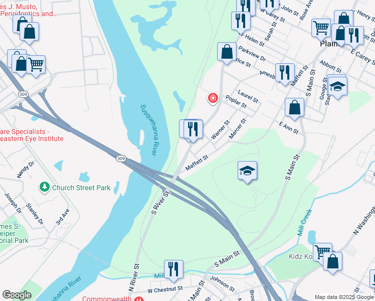 map of restaurants, bars, coffee shops, grocery stores, and more near 290 S River St in Luzerne