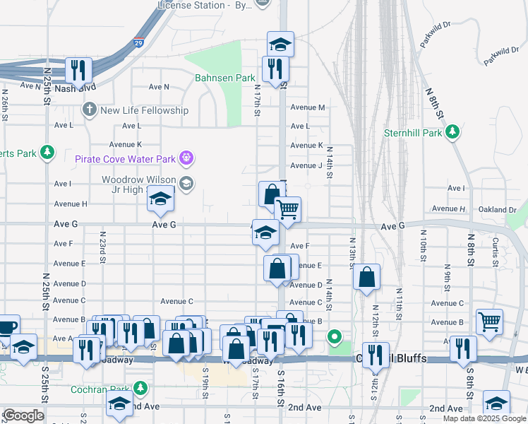 map of restaurants, bars, coffee shops, grocery stores, and more near 1603 Avenue G in Council Bluffs