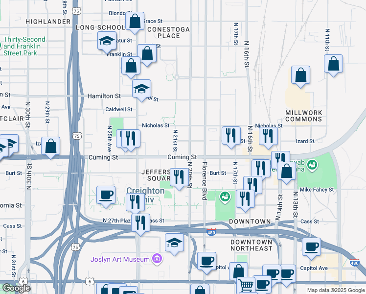 map of restaurants, bars, coffee shops, grocery stores, and more near 2024 Cuming Street in Omaha