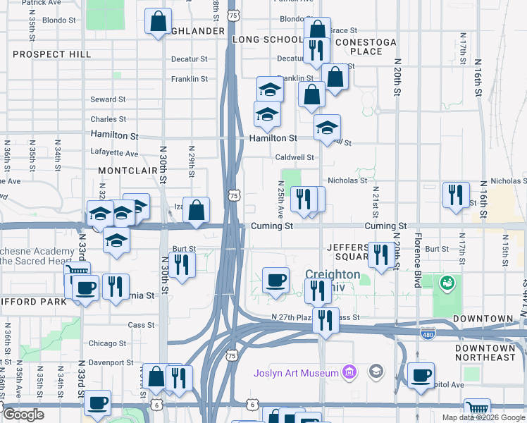 map of restaurants, bars, coffee shops, grocery stores, and more near 2621 Cuming Street in Omaha