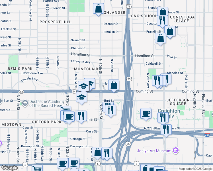 map of restaurants, bars, coffee shops, grocery stores, and more near 2816 Cuming Street in Omaha