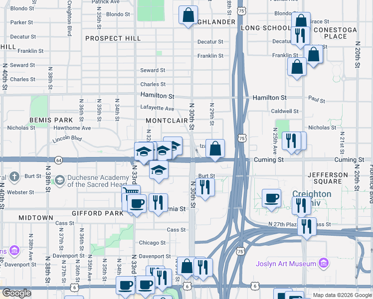 map of restaurants, bars, coffee shops, grocery stores, and more near in Omaha