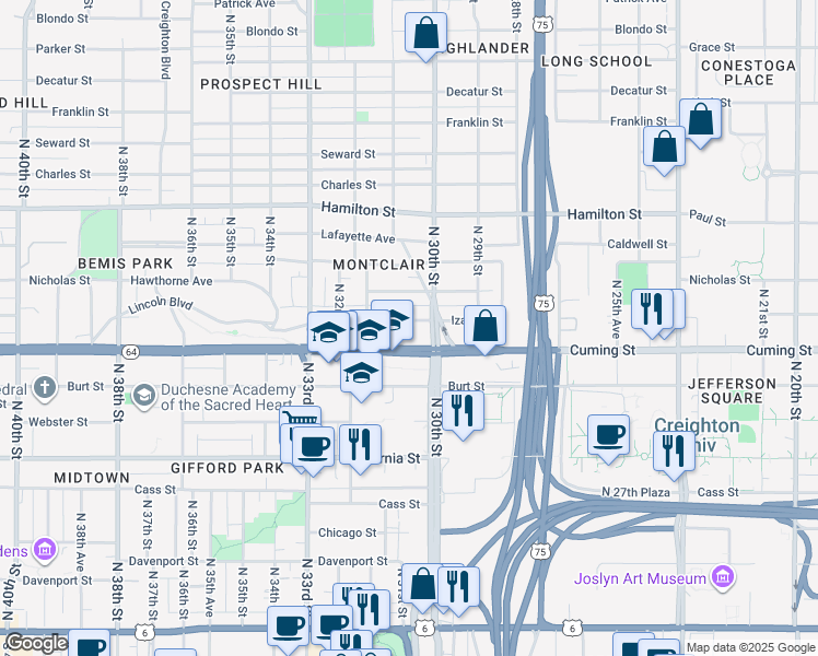 map of restaurants, bars, coffee shops, grocery stores, and more near 3040 Cuming Street in Omaha