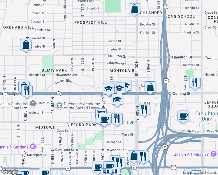 map of restaurants, bars, coffee shops, grocery stores, and more near 3212 Cuming Street in Omaha