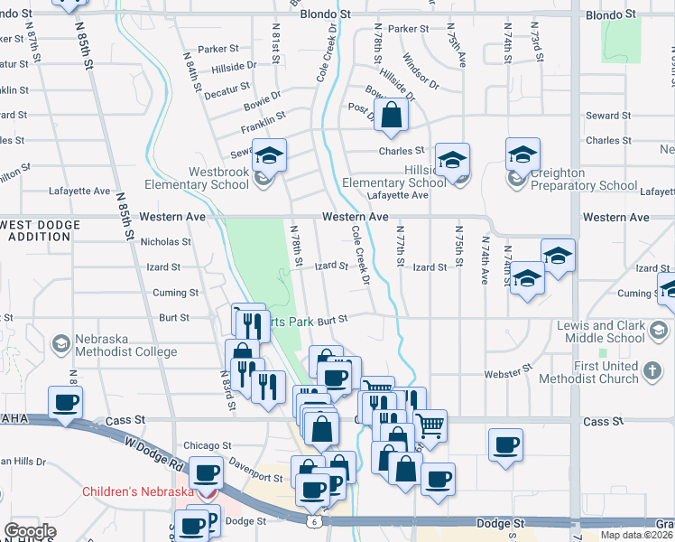 map of restaurants, bars, coffee shops, grocery stores, and more near 7736 Cuming Circle in Omaha