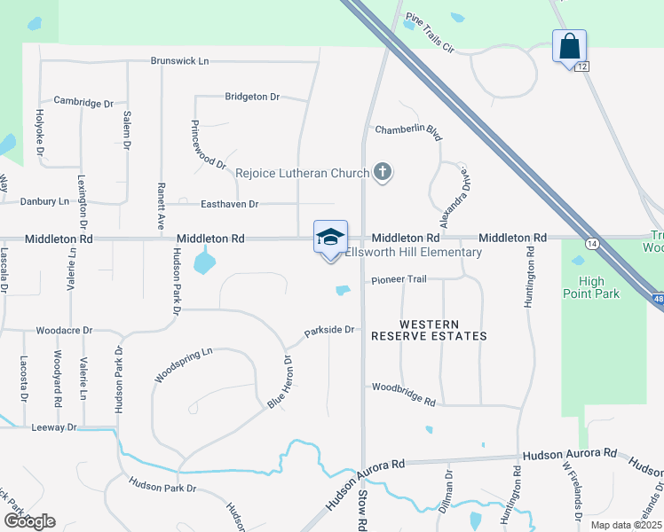 map of restaurants, bars, coffee shops, grocery stores, and more near 7750 Stow Road in Hudson