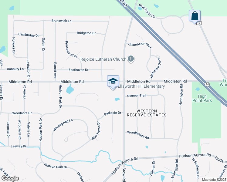 map of restaurants, bars, coffee shops, grocery stores, and more near 7750 Stow Road in Hudson