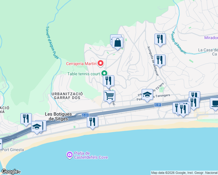 map of restaurants, bars, coffee shops, grocery stores, and more near in Castelldefels