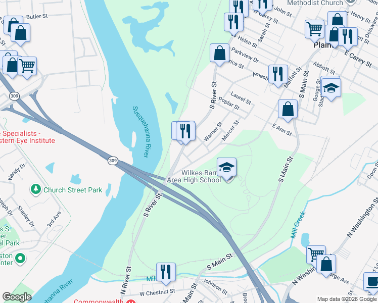 map of restaurants, bars, coffee shops, grocery stores, and more near 319 South River Street in Wilkes-Barre