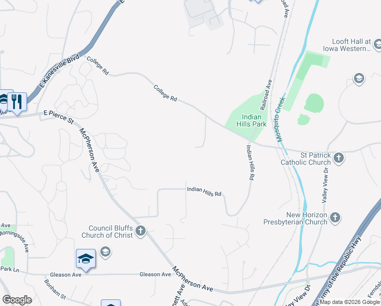 map of restaurants, bars, coffee shops, grocery stores, and more near 723 College Road in Council Bluffs