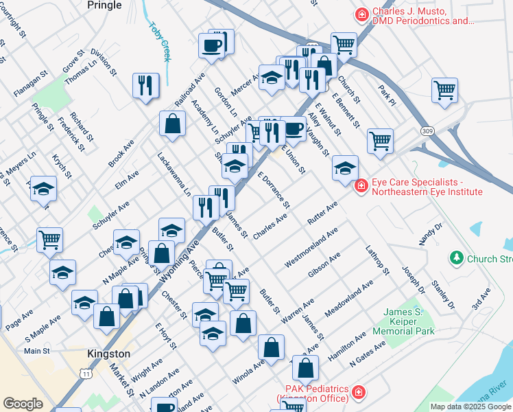 map of restaurants, bars, coffee shops, grocery stores, and more near 544 Ford Ave in Kingston