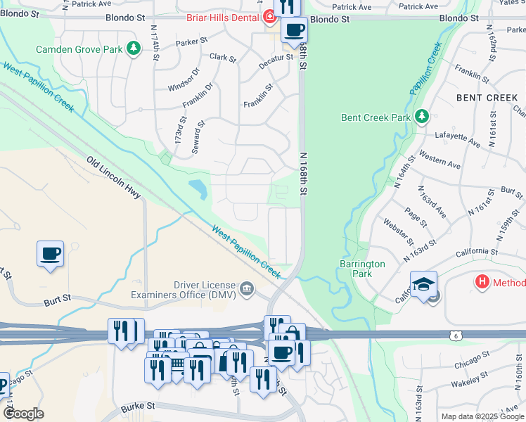 map of restaurants, bars, coffee shops, grocery stores, and more near 1121 North 169th Street in Omaha