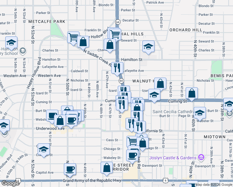 map of restaurants, bars, coffee shops, grocery stores, and more near 4622 Cuming Street in Omaha