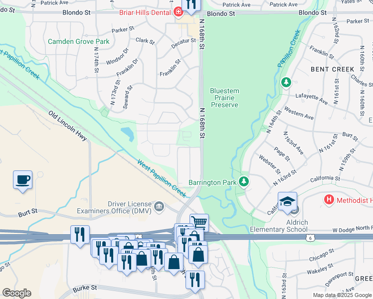 map of restaurants, bars, coffee shops, grocery stores, and more near 1212 North 168th Avenue in Omaha