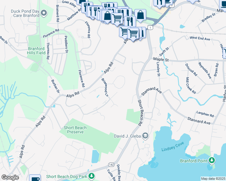 map of restaurants, bars, coffee shops, grocery stores, and more near 178 Briarwood Lane in Branford