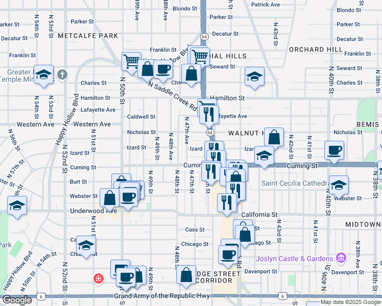 map of restaurants, bars, coffee shops, grocery stores, and more near 904 North 47th Avenue in Omaha