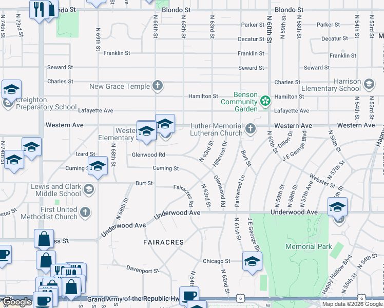 map of restaurants, bars, coffee shops, grocery stores, and more near 6468 Cuming Street in Omaha