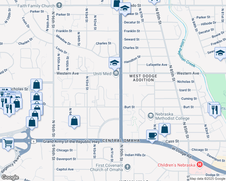 map of restaurants, bars, coffee shops, grocery stores, and more near 900 North 90th Street in Omaha