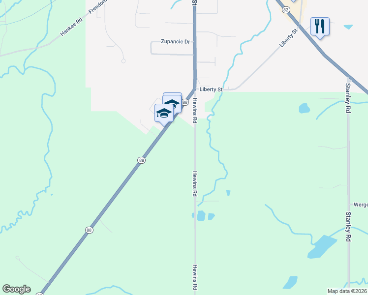 map of restaurants, bars, coffee shops, grocery stores, and more near 10139 Hewins Road in Garrettsville