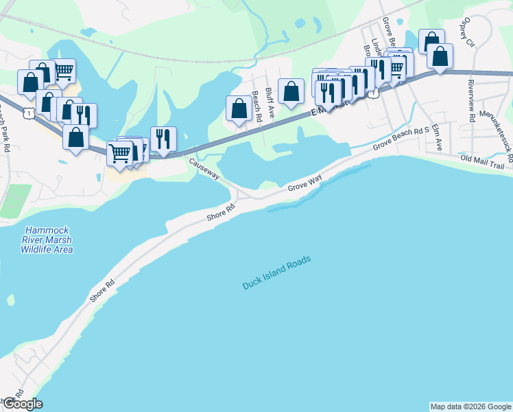 map of restaurants, bars, coffee shops, grocery stores, and more near 17 Grove Way in Clinton