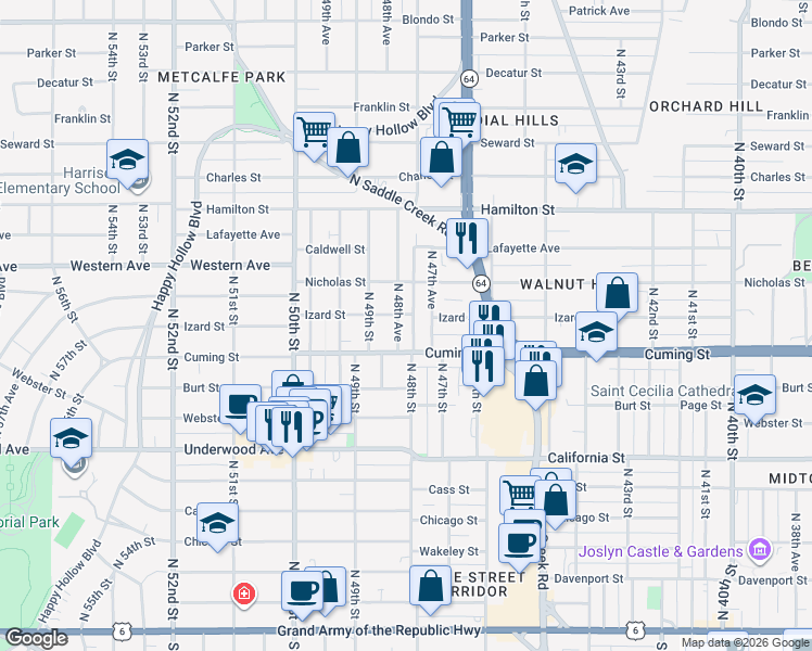 map of restaurants, bars, coffee shops, grocery stores, and more near 909 North 48th Avenue in Omaha