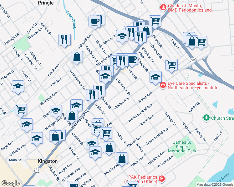 map of restaurants, bars, coffee shops, grocery stores, and more near 43 Hedge Place in Kingston