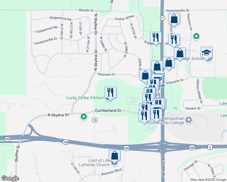 map of restaurants, bars, coffee shops, grocery stores, and more near 20713 Veterans Drive in Douglas