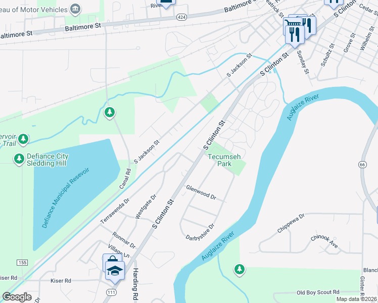 map of restaurants, bars, coffee shops, grocery stores, and more near 1474 Terrawenda Drive in Defiance
