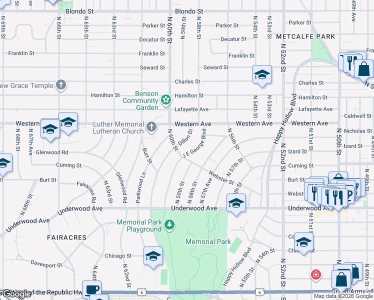 map of restaurants, bars, coffee shops, grocery stores, and more near 925 Dillon Drive in Omaha