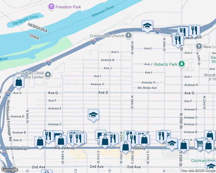 map of restaurants, bars, coffee shops, grocery stores, and more near 807 North 30th Street in Council Bluffs