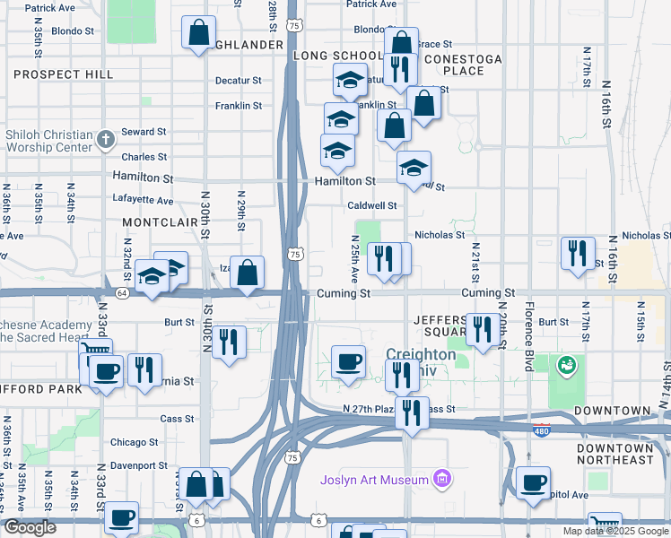 map of restaurants, bars, coffee shops, grocery stores, and more near 2569 Nicholas Court in Omaha