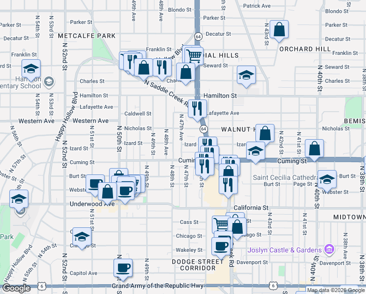 map of restaurants, bars, coffee shops, grocery stores, and more near 1014 North 47th Avenue in Omaha