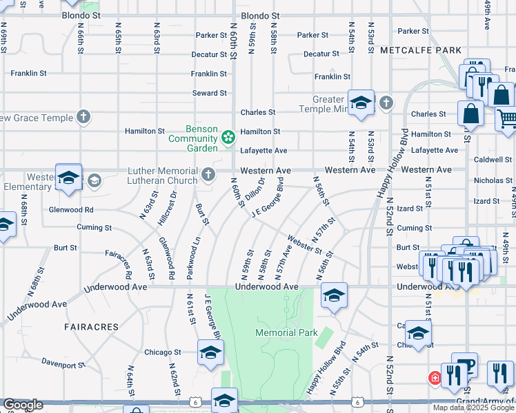 map of restaurants, bars, coffee shops, grocery stores, and more near 925 Dillon Drive in Omaha