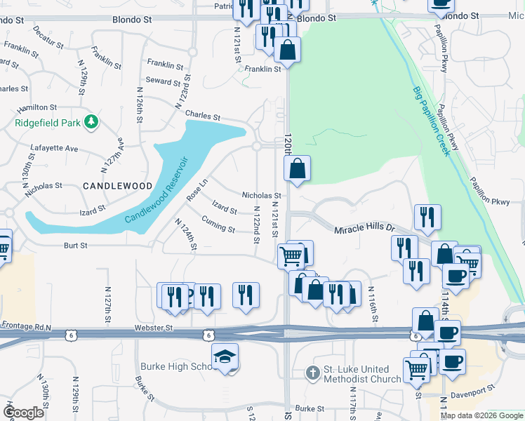 map of restaurants, bars, coffee shops, grocery stores, and more near 1023 North 122nd Street in Omaha