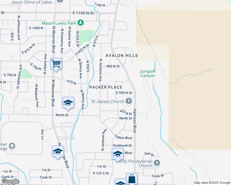 map of restaurants, bars, coffee shops, grocery stores, and more near 550 North Street in Ogden