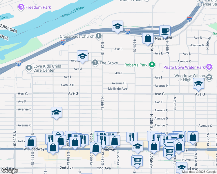 map of restaurants, bars, coffee shops, grocery stores, and more near 2726 Mcbride Avenue in Council Bluffs