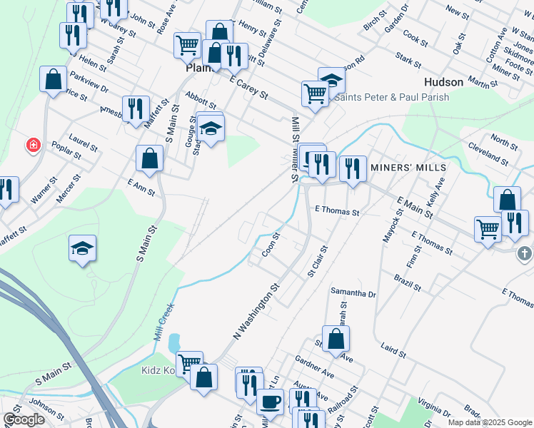 map of restaurants, bars, coffee shops, grocery stores, and more near 2 Miller St in Wilkes-Barre