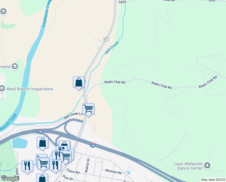 map of restaurants, bars, coffee shops, grocery stores, and more near 998 Rakestraw Road in Montoursville