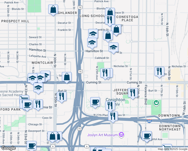 map of restaurants, bars, coffee shops, grocery stores, and more near 2569 Nicholas Court in Omaha