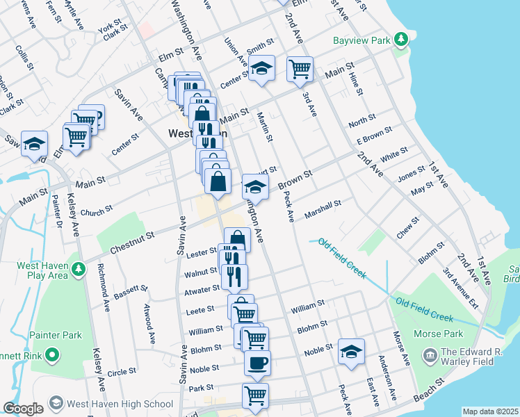 map of restaurants, bars, coffee shops, grocery stores, and more near 369 Washington Avenue in West Haven