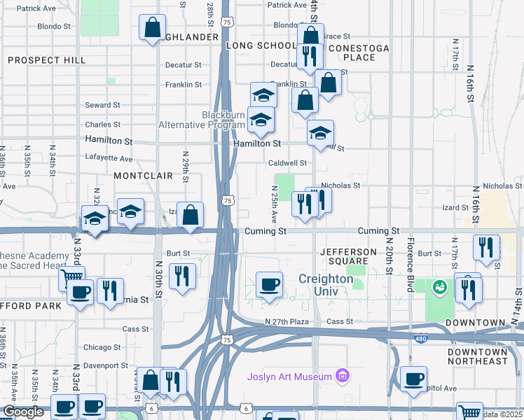 map of restaurants, bars, coffee shops, grocery stores, and more near 2569 Nicholas Court in Omaha